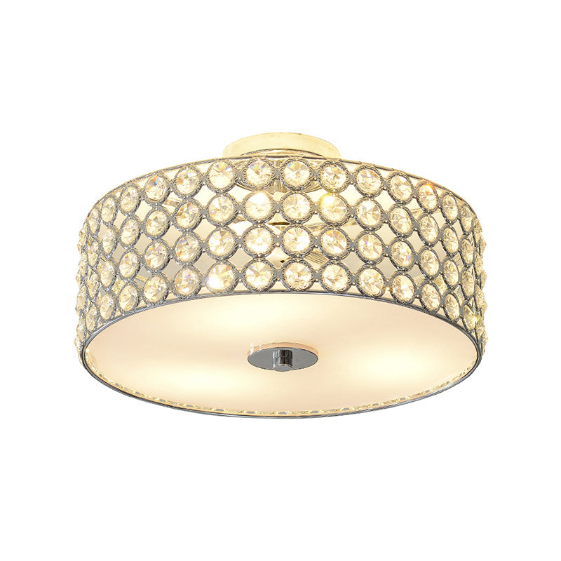 Contemporary Crystal Drum Ceiling Flush Light - 3-Light White Bedroom Flush Mount Lamp