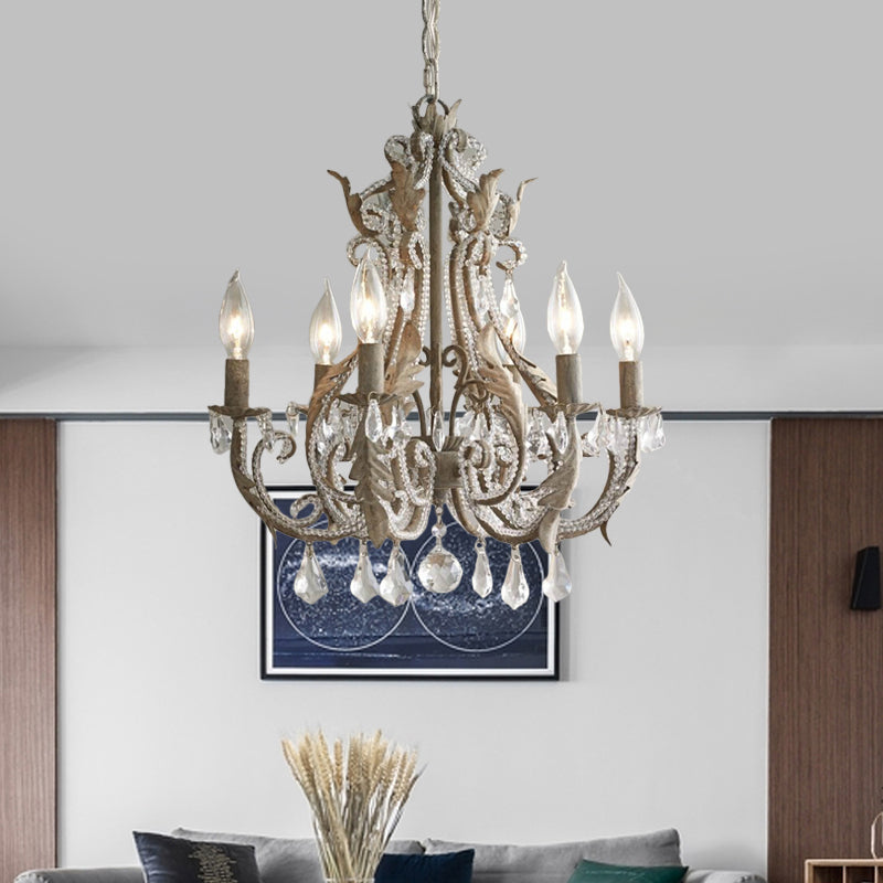 French Country 6-Light Crystal Candle Chandelier in Antiqued Grey