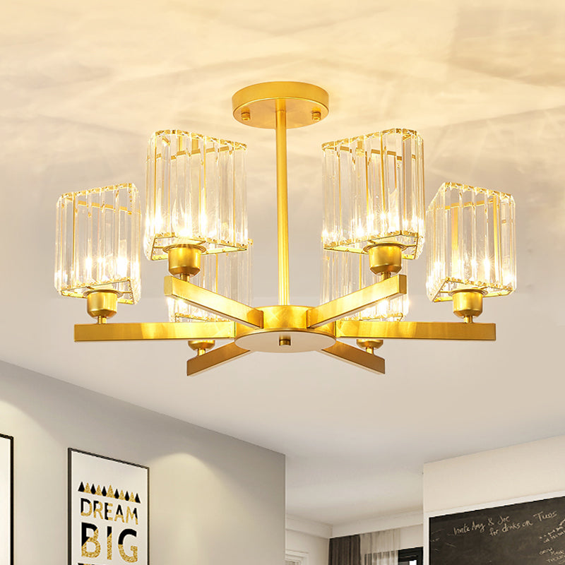 Lustre doré élégant avec prismes triangulaires en cristal - Parfait pour la chambre à coucher