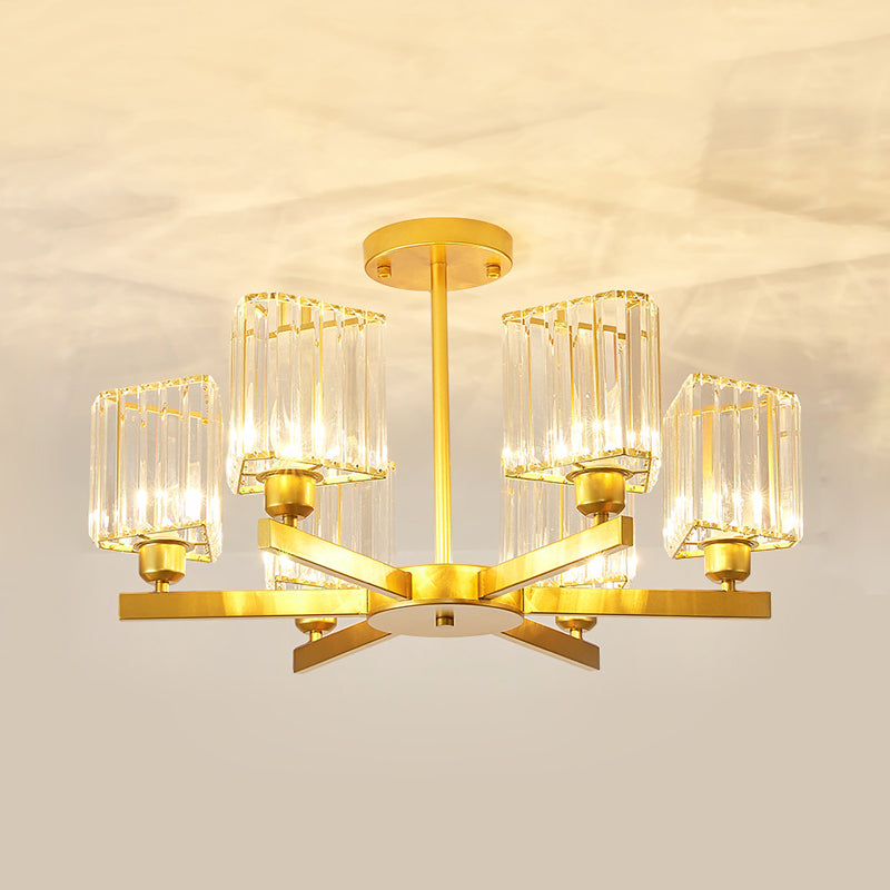 Lustre doré élégant avec prismes triangulaires en cristal - Parfait pour la chambre à coucher