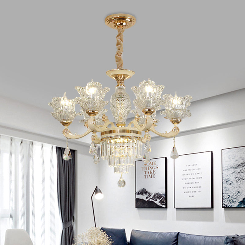 Lustre moderne en forme de fleur dorée avec 6 têtes en verre transparent - Plafonnier élégant pour salon