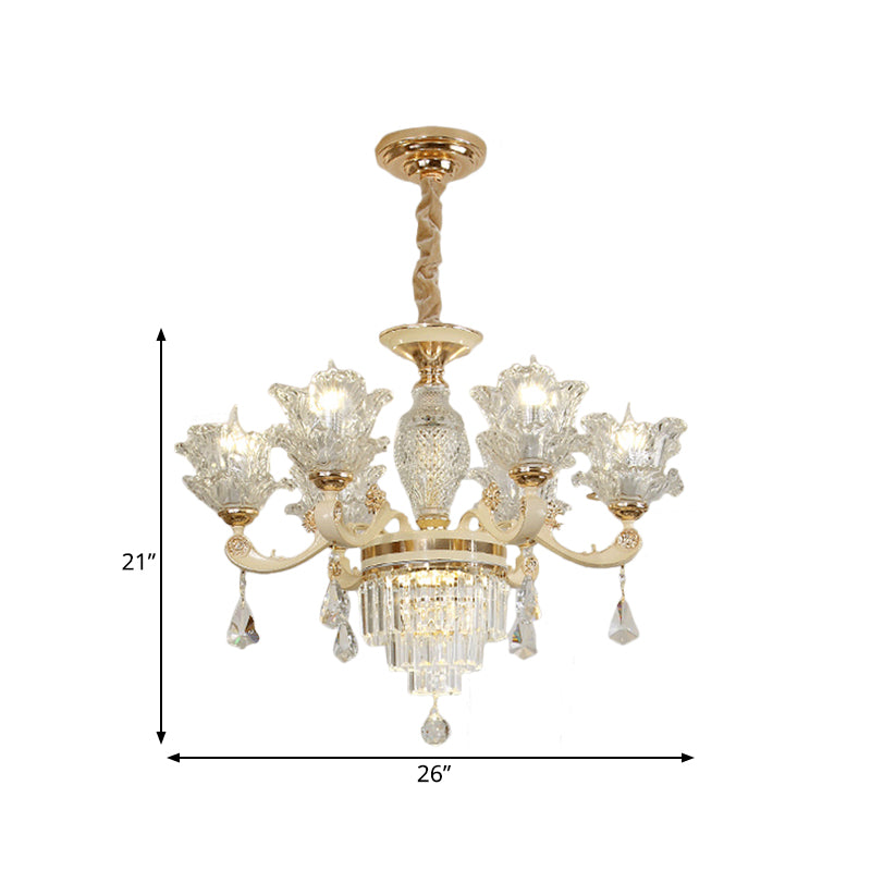 Lustre moderne en forme de fleur dorée avec 6 têtes en verre transparent - Plafonnier élégant pour salon