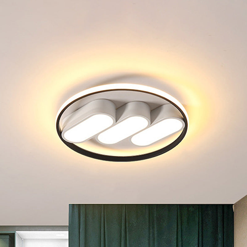 Modern Round Flush LED Bedroom Lamp in White-Black: Metallic Lighting Fixture
