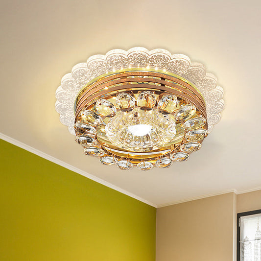 Crystal Drop Gold Flushmount Light with LED Scalloped Edge & Metal Round Design - Minimalist Ceiling Lighting