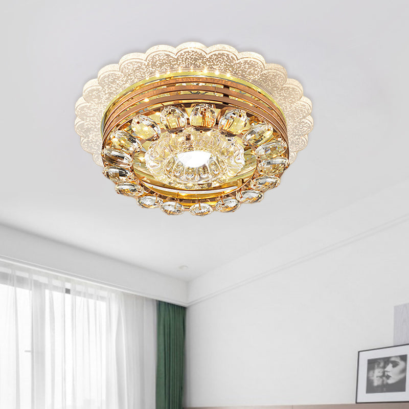 Crystal Drop Gold Flushmount Light with LED Scalloped Edge & Metal Round Design - Minimalist Ceiling Lighting