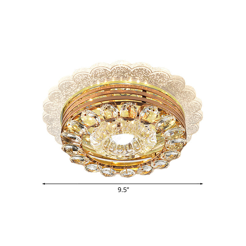 Crystal Drop Gold Flushmount Light With Led Scalloped Edge & Metal Round Design - Minimalist Ceiling