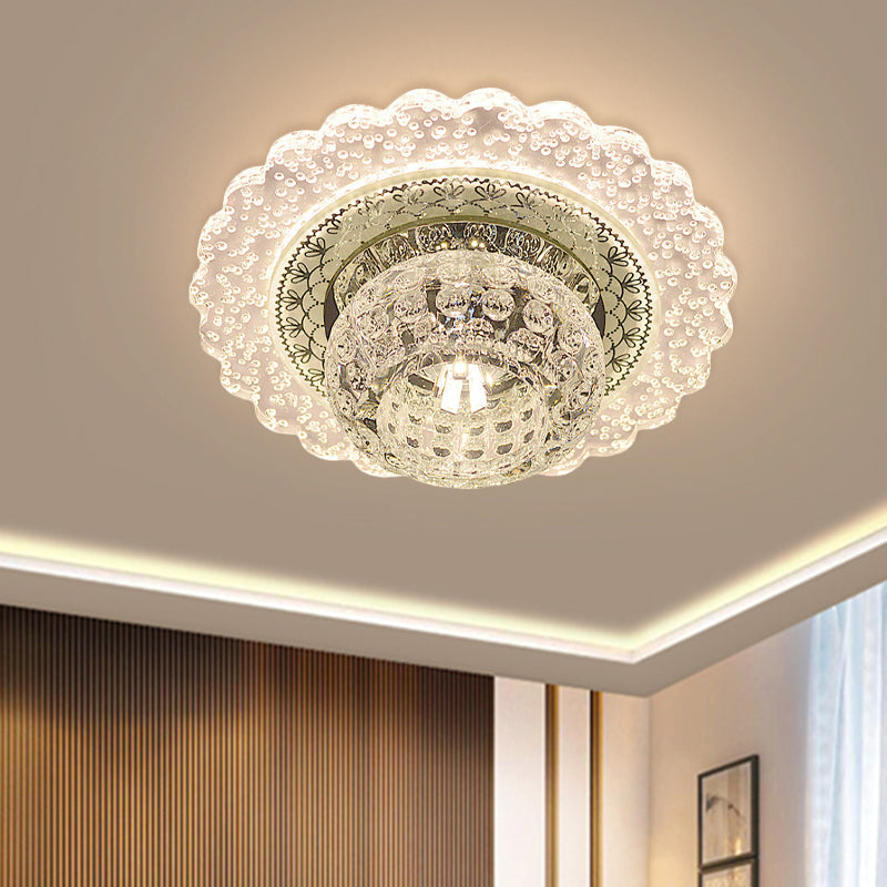 Modern LED Flush Mount Light with Clear Crystal Dome and Ruffle Edge in Warm/White Light for Corridors