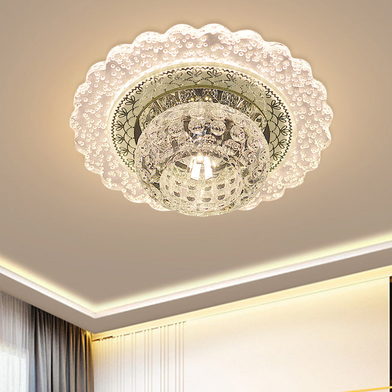 Modern LED Flush Mount Light with Clear Crystal Dome and Ruffle Edge in Warm/White Light for Corridors