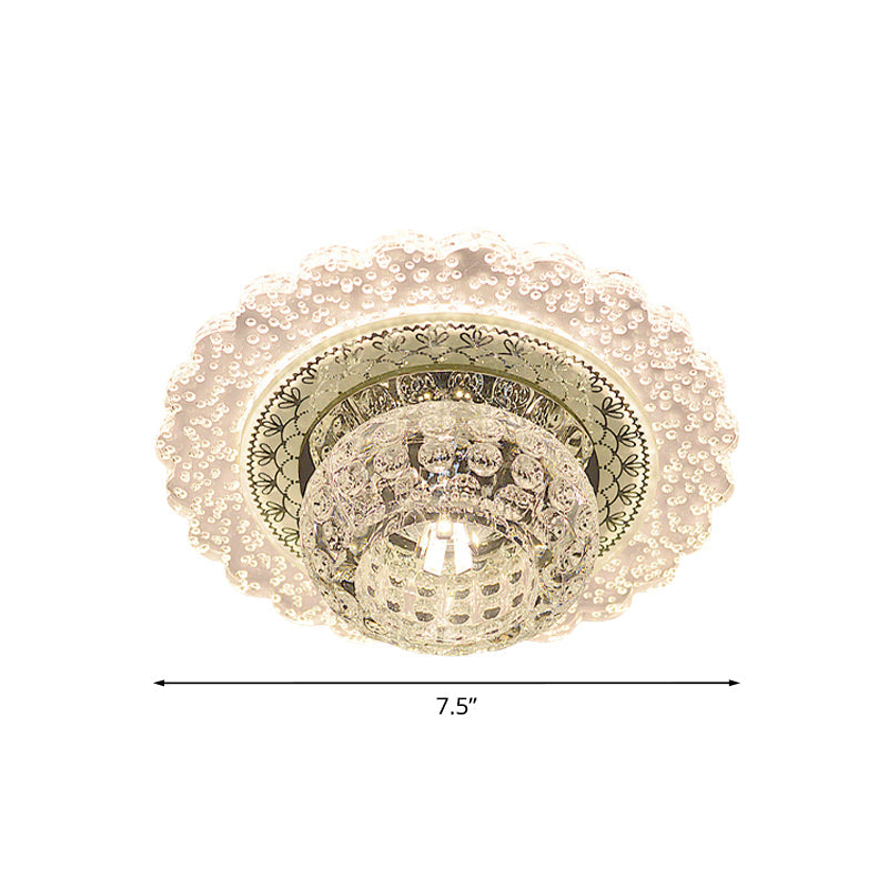 Modern LED Flush Mount Light with Clear Crystal Dome and Ruffle Edge in Warm/White Light for Corridors