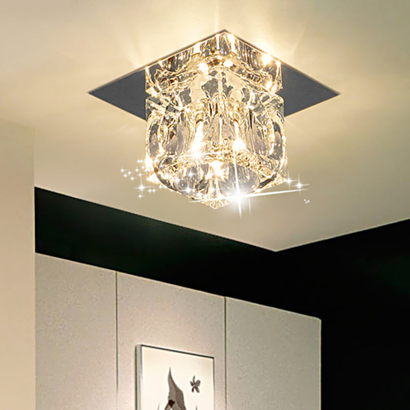 Crystal Flush Mount LED Ceiling Lamp with Beveled Square Design, Chrome Finish - Warm/White Light