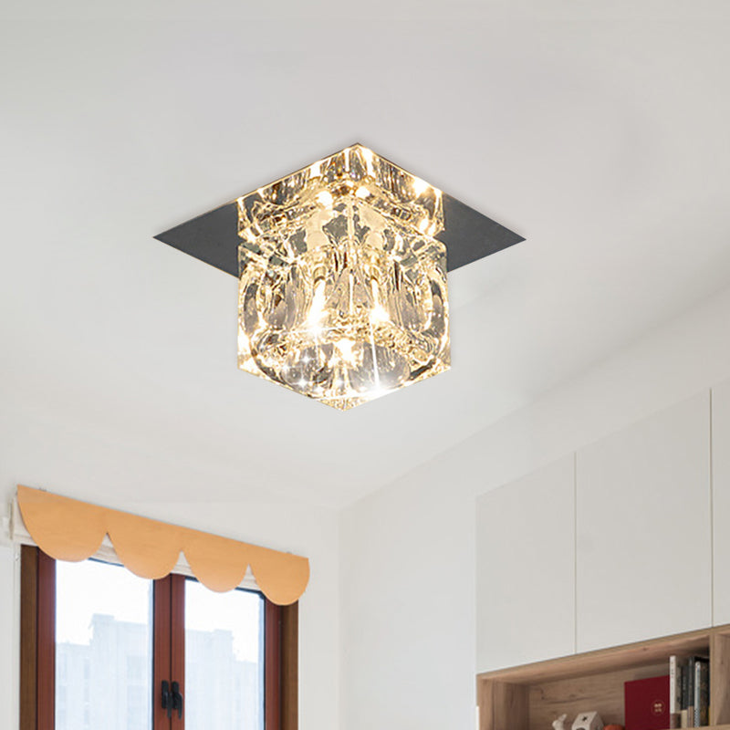 Crystal Flush Mount LED Ceiling Lamp with Beveled Square Design, Chrome Finish - Warm/White Light