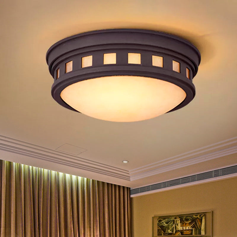 Rustic Metal Drum Flush Mount Ceiling Light with Opal Glass – Bronze/Gold Outdoor Porch Lighting