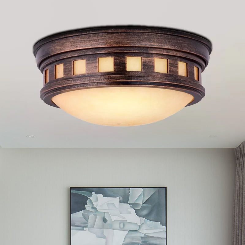 Rustic Metal Drum Flush Mount Ceiling Light with Opal Glass – Bronze/Gold Outdoor Porch Lighting