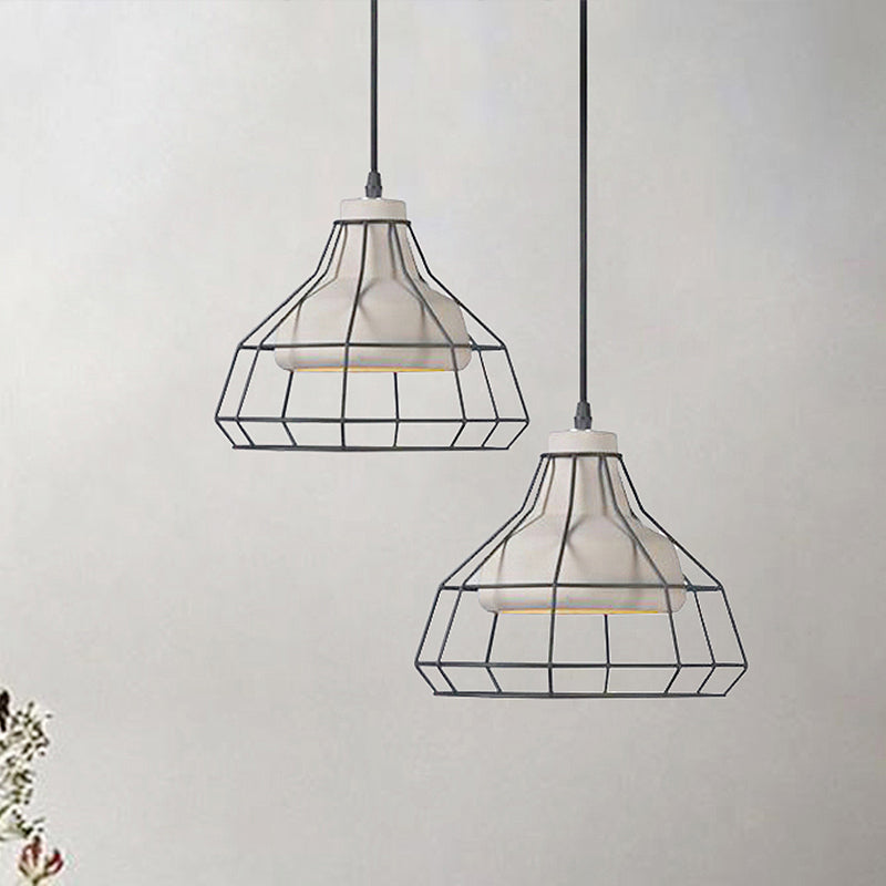 Suspension en cône de ciment - Lampe suspendue noire moderniste avec abat-jour en cage métallique, 10,5"/14" de large