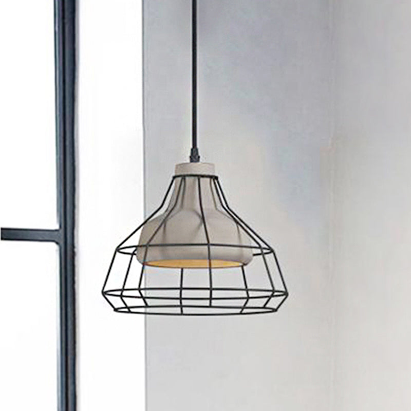 Suspension en cône de ciment - Lampe suspendue noire moderniste avec abat-jour en cage métallique, 10,5"/14" de large