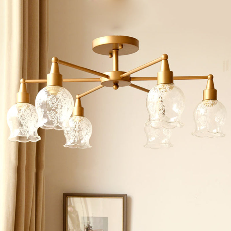 Plafonnier semi-encastré traditionnel doré avec verre transparent en forme de fleur - 6 lumières, éclairage semi-encastré pour salon