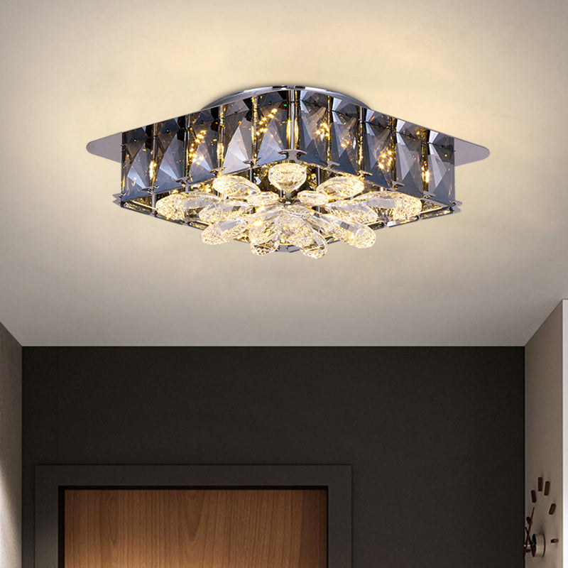Mini Led Flush Light With Square & Flower Design Simple Amber Or Smoke Grey Crystal Ceiling Fixture