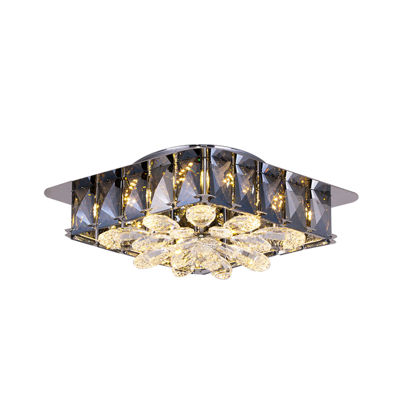Mini LED Flush Light with Square & Flower Design – Simple Amber or Smoke grey Crystal Ceiling Fixture