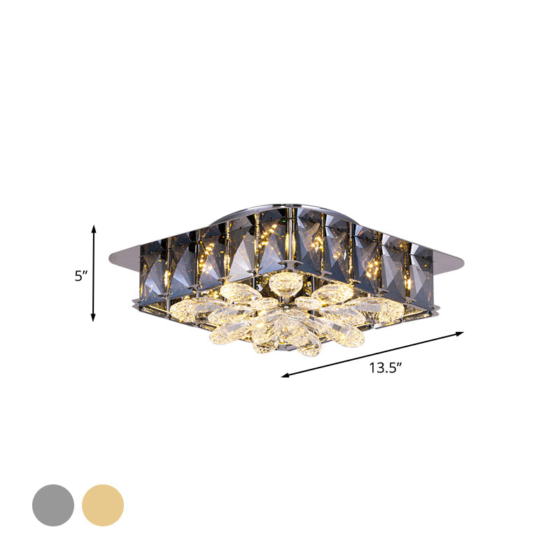 Mini LED Flush Light with Square & Flower Design – Simple Amber or Smoke grey Crystal Ceiling Fixture