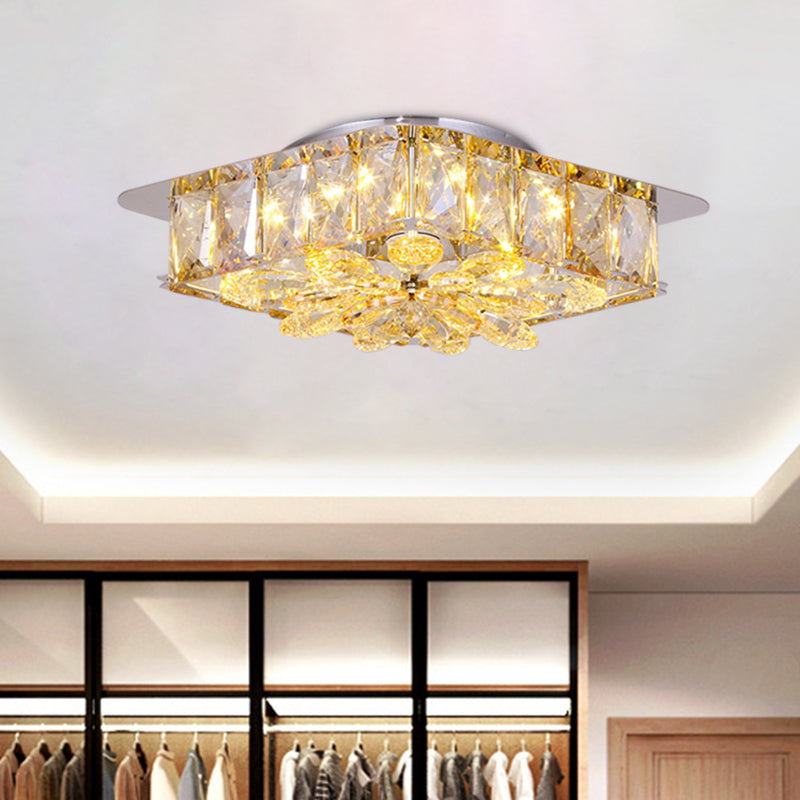 Mini LED Flush Light with Square & Flower Design – Simple Amber or Smoke grey Crystal Ceiling Fixture