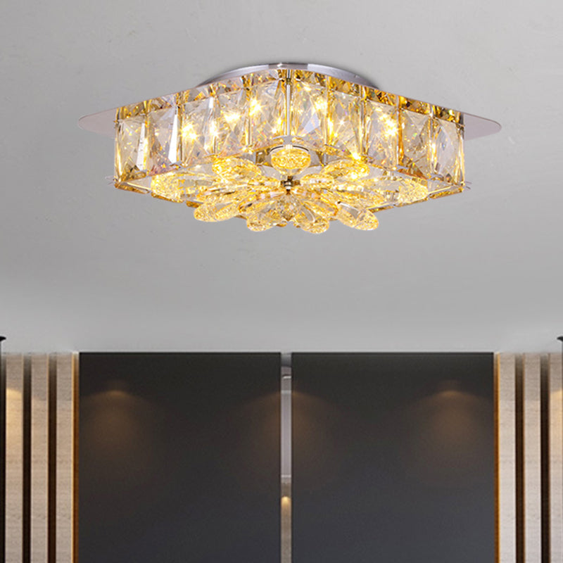 Mini LED Flush Light with Square & Flower Design – Simple Amber or Smoke grey Crystal Ceiling Fixture