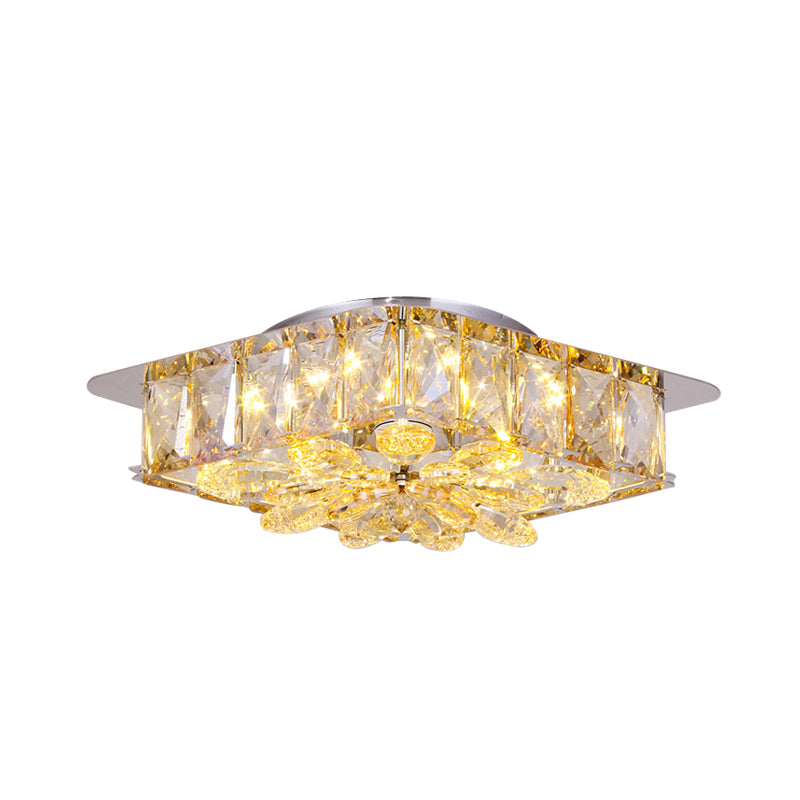 Mini LED Flush Light with Square & Flower Design – Simple Amber or Smoke grey Crystal Ceiling Fixture