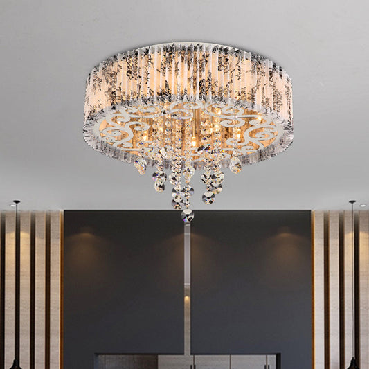 Modernist Circle Flush Ceiling Light: 5-Bulb Pleated Fabric Flushmount with Crystal Draping – White