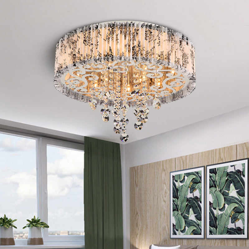 Modernist Circle Flush Ceiling Light: 5-Bulb Pleated Fabric Flushmount with Crystal Draping – White