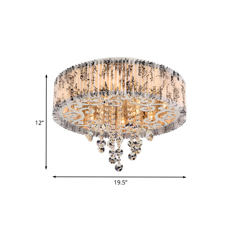 Modernist Circle Flush Ceiling Light: 5-Bulb Pleated Fabric Flushmount with Crystal Draping – White