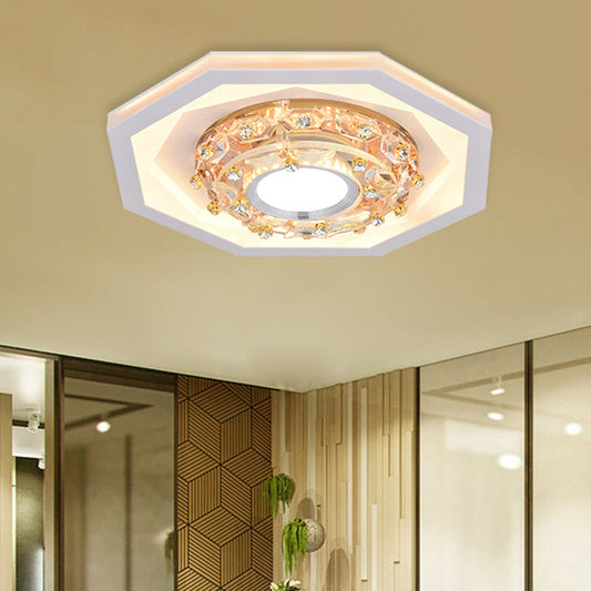 Octagon Small Foyer Ceiling LED Flush Mount Fixture - Elegant Acrylic & Crystal