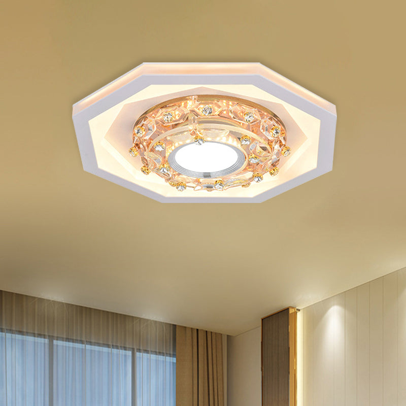 Octagon Small Foyer Ceiling LED Flush Mount Fixture - Elegant Acrylic & Crystal