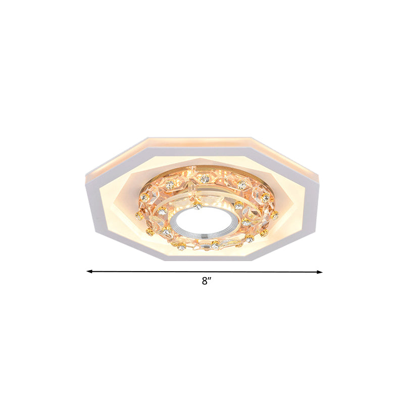 Octagon Small Foyer Ceiling LED Flush Mount Fixture - Elegant Acrylic & Crystal