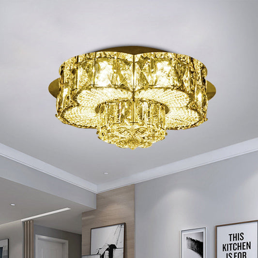 Gold LED Crystal Flower Flushmount Light - Minimalistic 2-Tier Ceiling Fixture