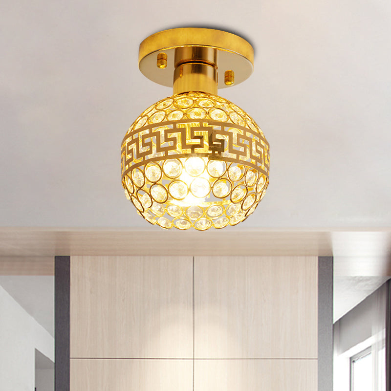 Vintage Crystal Gold Dome Ceiling Lamp with Oriental Trim and Inlaid Crystals - 1 Head Semi Mount Lighting