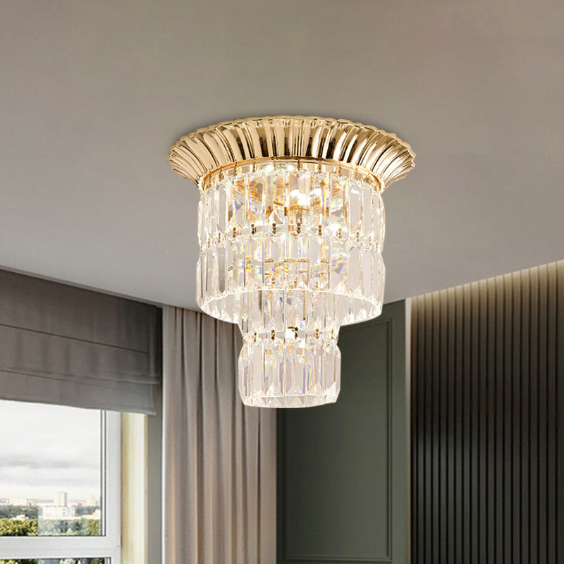Modernist Crystal Dual Shade LED Flushmount Lamp - Chrome/Gold Cylindrical Ceiling Fixture