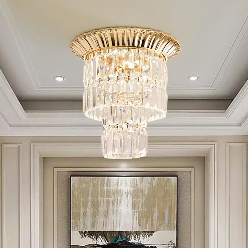 Modernist Crystal Dual Shade LED Flushmount Lamp - Chrome/Gold Cylindrical Ceiling Fixture