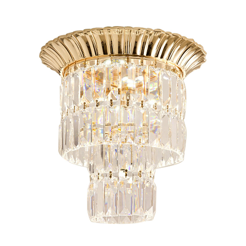 Modernist Crystal Dual Shade LED Flushmount Lamp - Chrome/Gold Cylindrical Ceiling Fixture