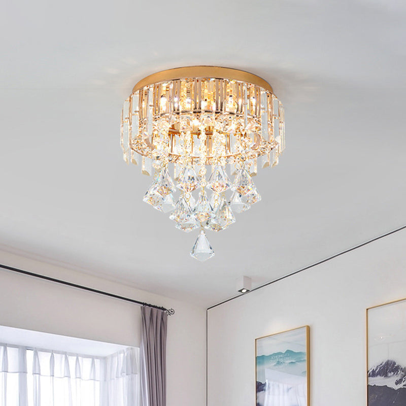 Contemporary Gold Circle K9 Crystal Ceiling Flushmount with Drape, 3 Heads