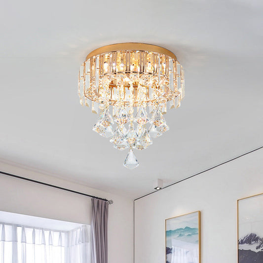 Contemporary Gold Circle K9 Crystal Ceiling Flushmount with Drape, 3 Heads