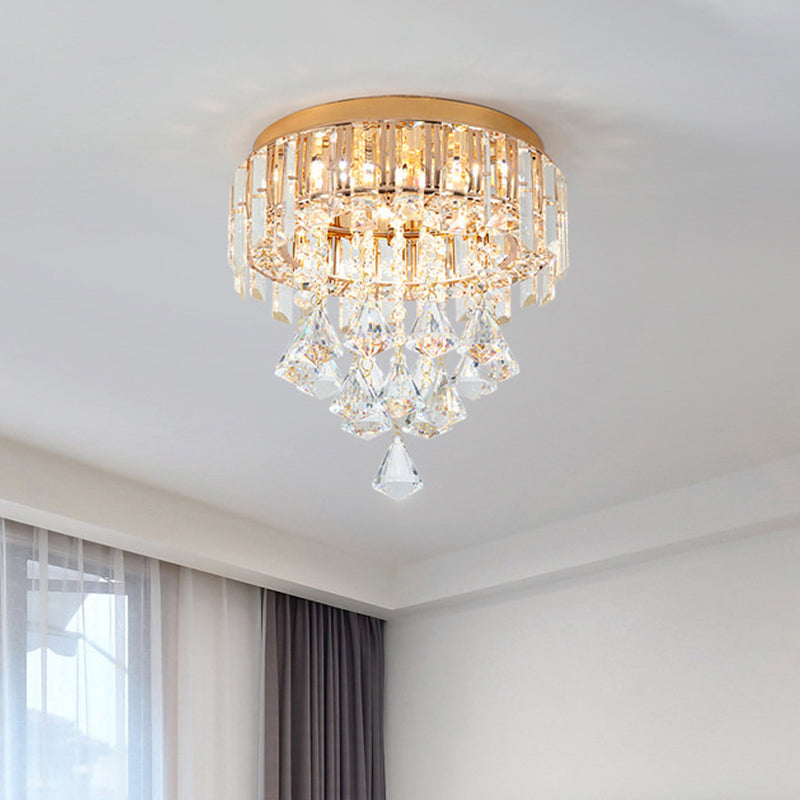 Contemporary Gold Circle K9 Crystal Ceiling Flushmount with Drape, 3 Heads