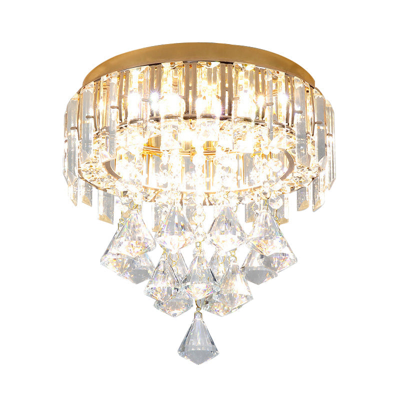 Contemporary Gold Circle K9 Crystal Ceiling Flushmount with Drape, 3 Heads