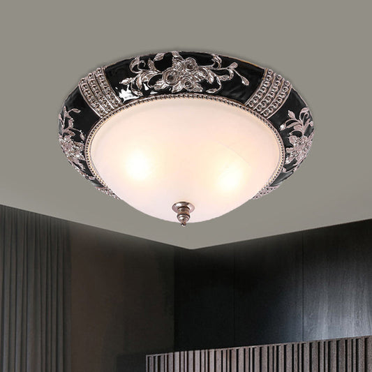 Nordic Style Carved Rose Ceiling Flush Mount - Black Finish, 3 Lights, Dome White Glass Shade