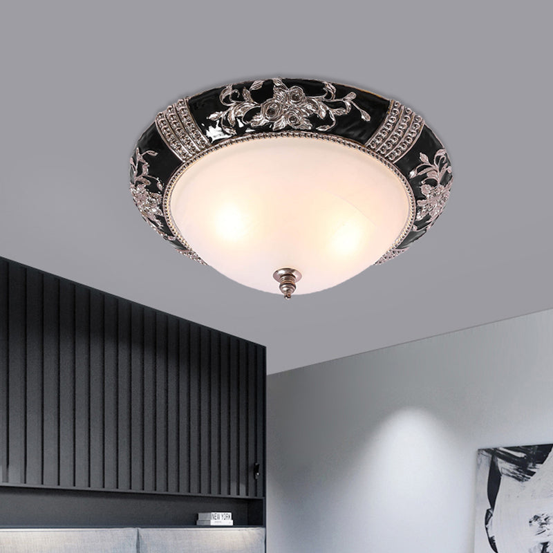 Nordic Style Carved Rose Ceiling Flush Mount - Black Finish, 3 Lights, Dome White Glass Shade