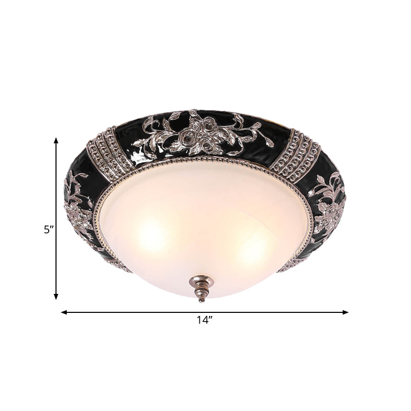 Nordic Style Carved Rose Ceiling Flush Mount - Black Finish, 3 Lights, Dome White Glass Shade