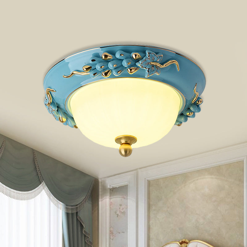 12"/14" LED Dome Ceiling Mounted Farmhouse Light with Yellow/Blue Frosted Glass Flush Lamp and Grape Ceramic Deco