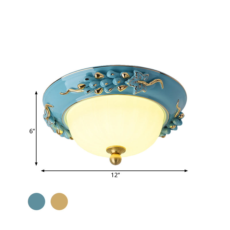 12"/14" LED Dome Ceiling Mounted Farmhouse Light with Yellow/Blue Frosted Glass Flush Lamp and Grape Ceramic Deco