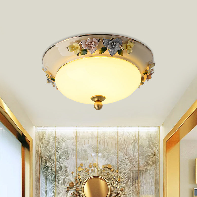 12"/14" LED Dome Ceiling Mounted Farmhouse Light with Yellow/Blue Frosted Glass Flush Lamp and Grape Ceramic Deco
