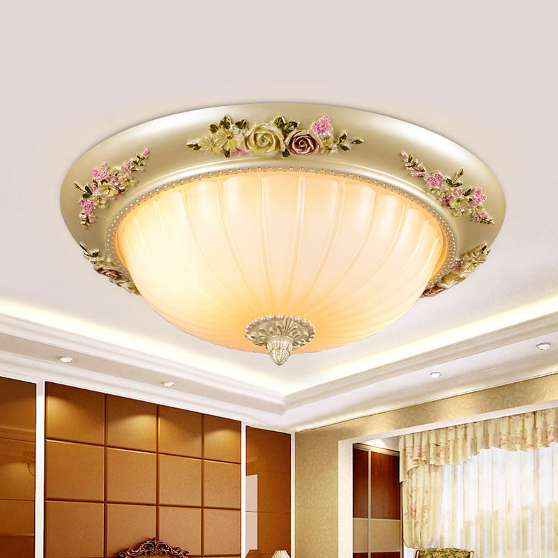 Korean Countryside Dome Flushmount Ceiling Light - 2 Heads, Prismatic Glass, Gold Finish, Flower Decor