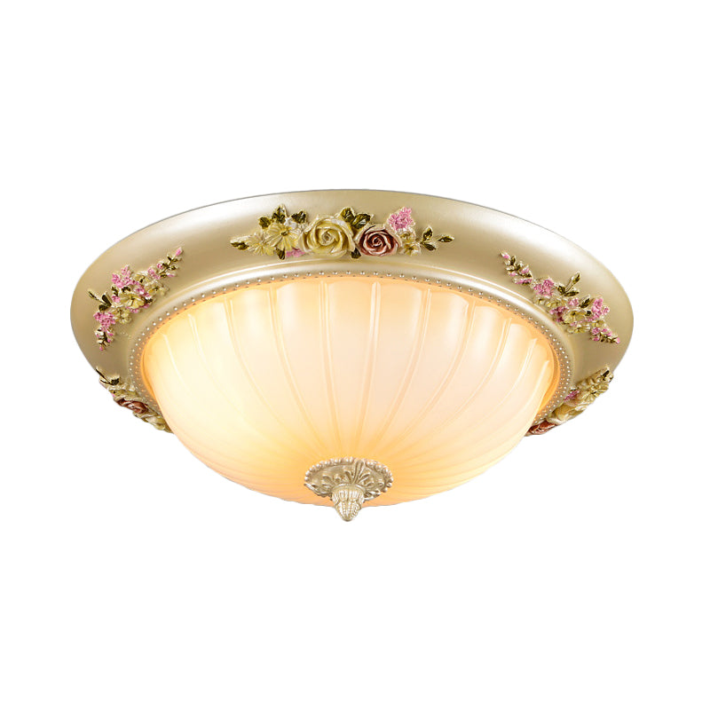 Korean Countryside Dome Flushmount Ceiling Light - 2 Heads, Prismatic Glass, Gold Finish, Flower Decor