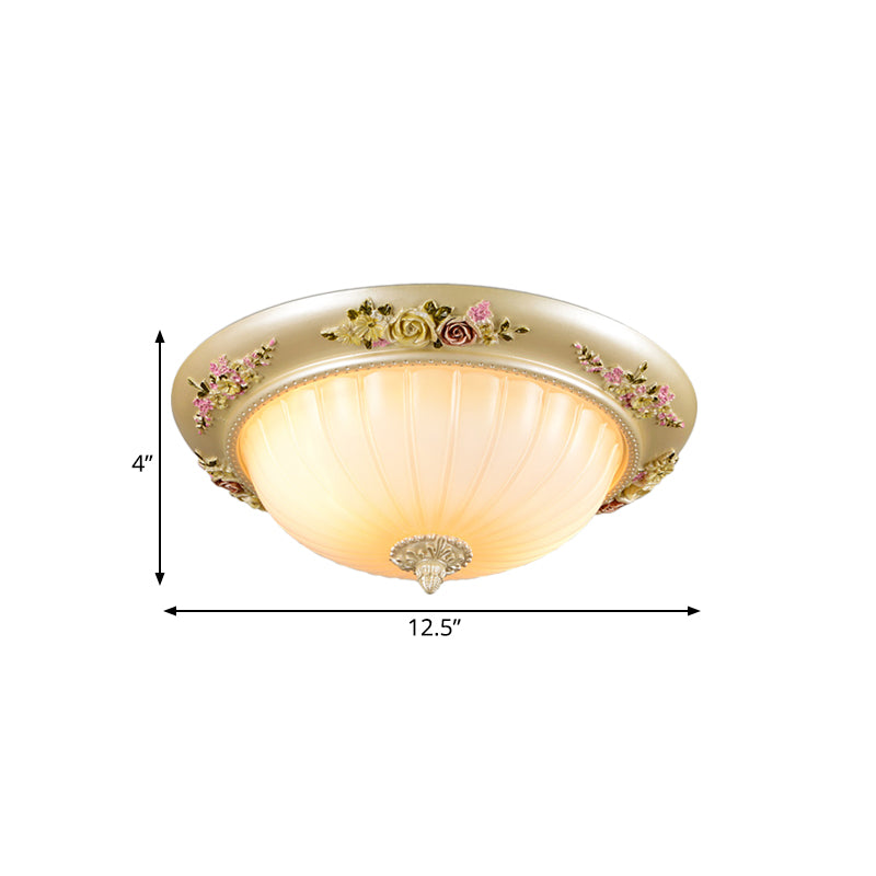 Korean Countryside Dome Flushmount Ceiling Light - 2 Heads, Prismatic Glass, Gold Finish, Flower Decor